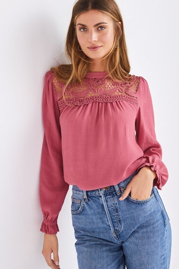 Pink Lace Insert Long Sleeve Blouse