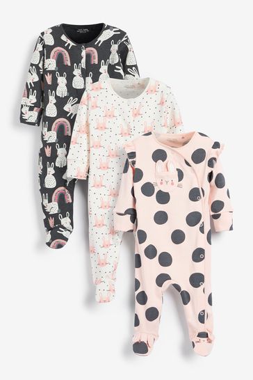 Monochrome Bunny 3 Pack Baby Sleepsuits (0-2yrs)