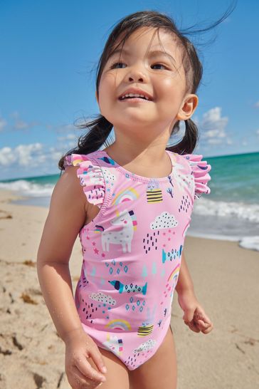 Pink Unicorn Frill Sleeved Swimsuit 3mths 7yrs