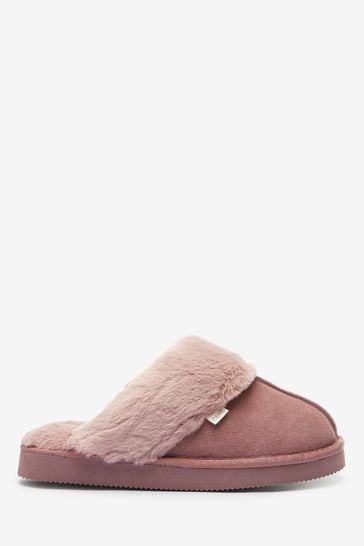 Mink Pink Suede Faux Fur Lined Mule Slippers