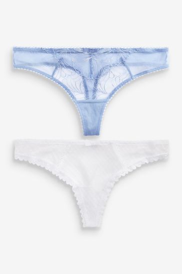 Blue/White Thong Embroidered Knickers 2 Pack
