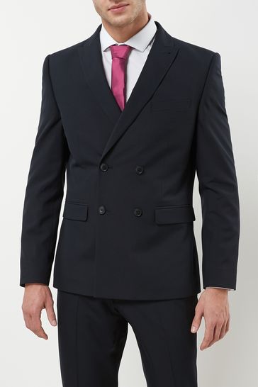 Navy Blue Double Breasted Slim Fit Two Button Suit: Jacket