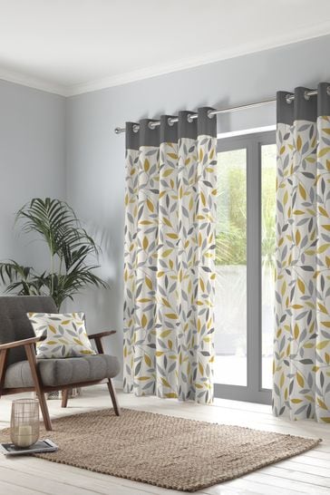 Fusion Yellow Beechwood Leaves Eyelet Lined Curtains