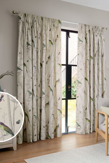 Natural Country Luxe Chinoiserie Bird Trail Pencil Pleat Lined Curtains