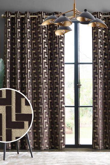 Brown/Gold Collection Luxe Fretwork Heavyweight Velvet Eyelet Lined Curtains