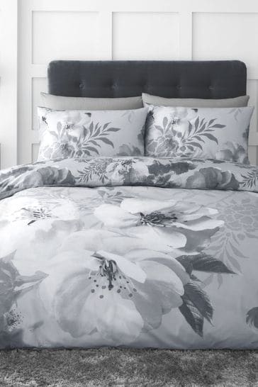 Catherine Lansfield Silver Dramatic Floral Duvet Cover And Pillowcase Set
