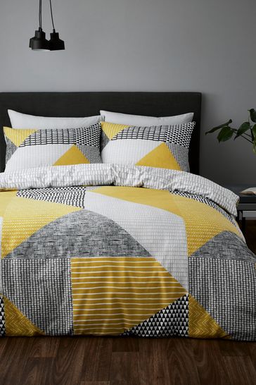 Catherine Lansfield Ochre Yellow Grey Larsson Geo Duvet Cover and Pillowcase Set