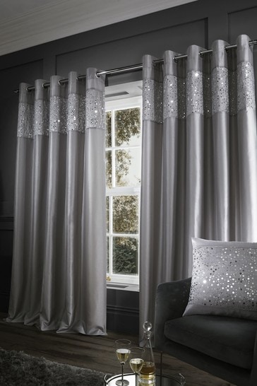 Catherine Lansfield Grey Glitzy Sequin Detail Lined Eyelet Curtains