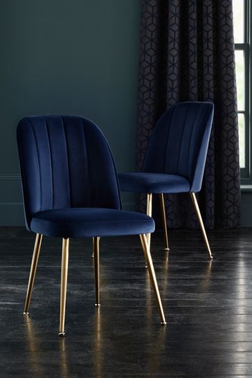 Dark Navy Blue Set of 2 Stella Dining Chairs in Velvet