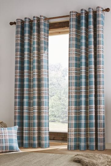 Catherine Lansfield Teal Blue Tweed Woven Check Curtains