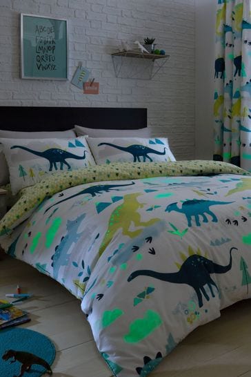 Bedlam Green Kids Glow In The Dark Dino Duvet Cover And Pillowcase Set