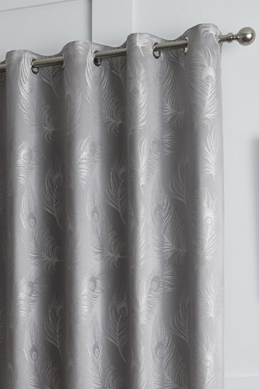 Cortinas con ojales en gris con forro y diseño de jacquard con plumas de Curtina
