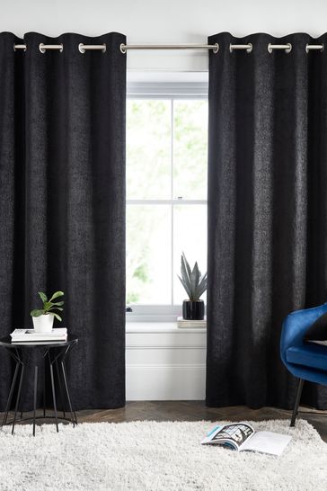 Black Heavyweight Chenille Eyelet Lined Curtains
