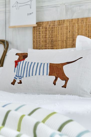 Joules White Sausage Dogs Applique Cotton Fringed Cushion