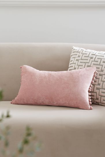 Blush Pink Soft Velour Pom Edge Rectangle Cushion