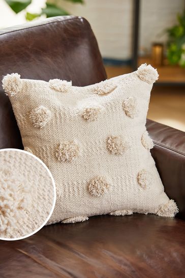 Natural Textured Pom Pom Small Square Cushion
