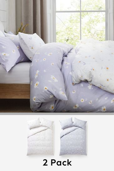 2 Pack Purple Daisy Reversible Duvet Cover and Pillowcase Set