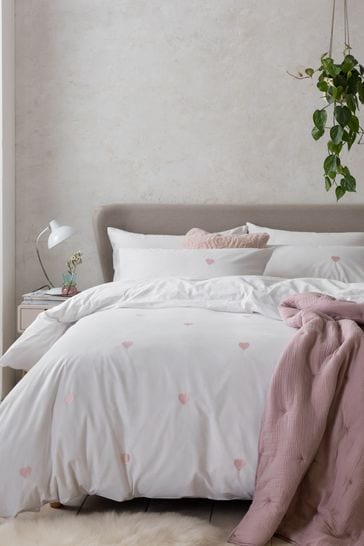 White With Pink Hearts Embroidered, White Embroidered Duvet Cover King