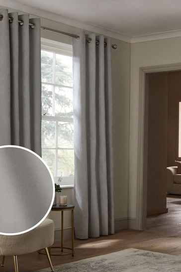 Grey Soft Velour Eyelet Lined Curtains