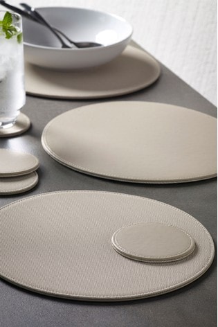 Set of 4 Natural Round Textured Reversible Faux Leather Placemats And Coasters Set