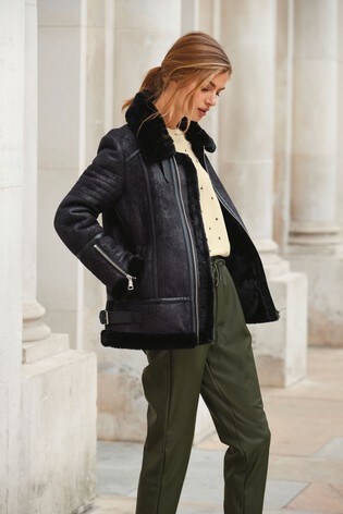 Black faux leather aviator jacket clearance