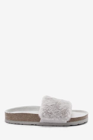 grey faux fur sliders
