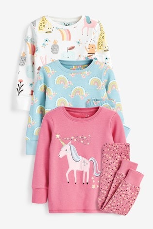 Pink/Blue 3 Pack Cotton Snuggle Pyjamas With Appliqué Unicorn (9mths-8yrs)