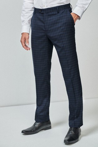Navy Tailored Fit Wool Blend Check Suit: Trousers