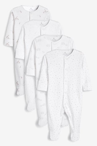 White Character 4 Pack Delicate Multi Print Baby Sleepsuits (0-2yrs)