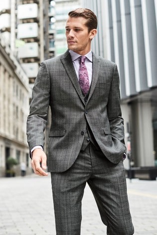 Grey/Blue Wool Blend Check Suit: Waistcoat