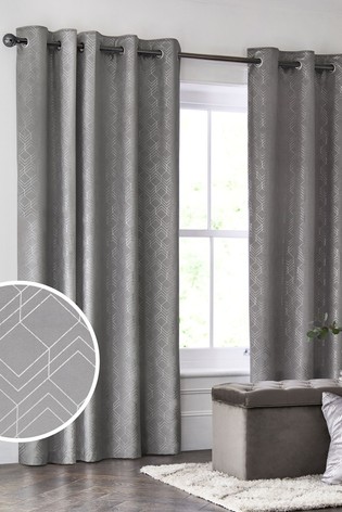 Grey Velvet Metallic Geo Eyelet Lined Curtains