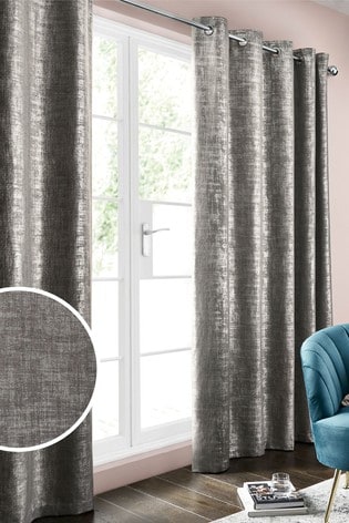 Silver Metallic Woven Geo Eyelet Lined Curtains