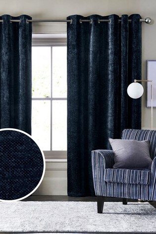Navy Blue Cosy Chenille Eyelet Lined Curtains