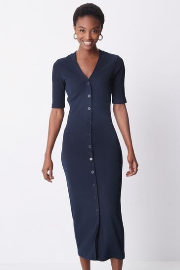 Buy Navy Blue Rib Short Sleeve Midi Button Summer Dress from Next