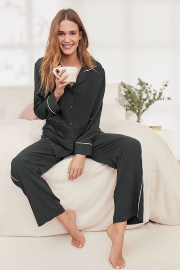 Black With White Piping Button Through Pyjamas