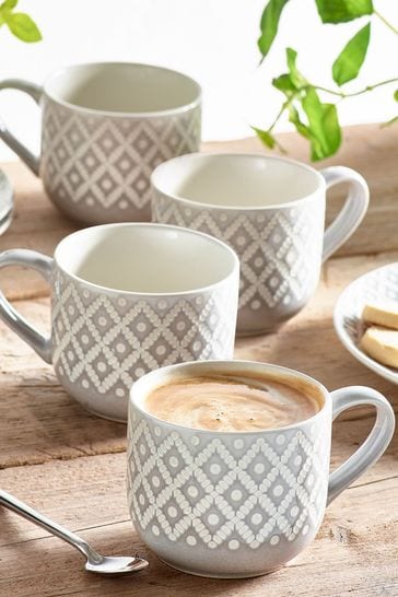Grey Geo Embossed Set of 4 Cappuccino Mugs