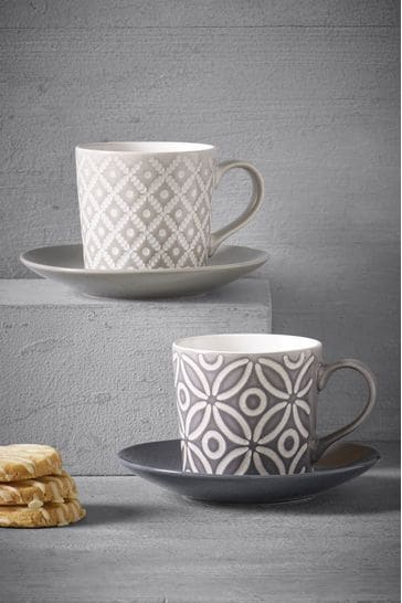 Grey Geo Embossed Set of 2 Teacup and Saucers Mugs