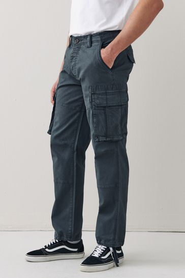 Charcoal Grey Authentic Stretch Cotton Blend Straight Fit Cargo Trousers