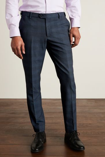 Navy Slim Tapered Check Motion Flex Stretch Trousers
