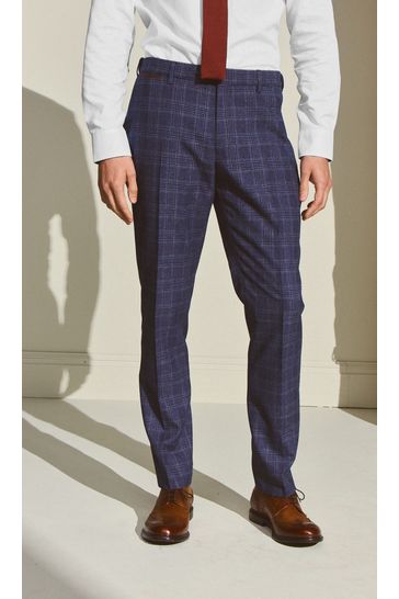 Blue Textured Check Slim Fit Suit: Trousers