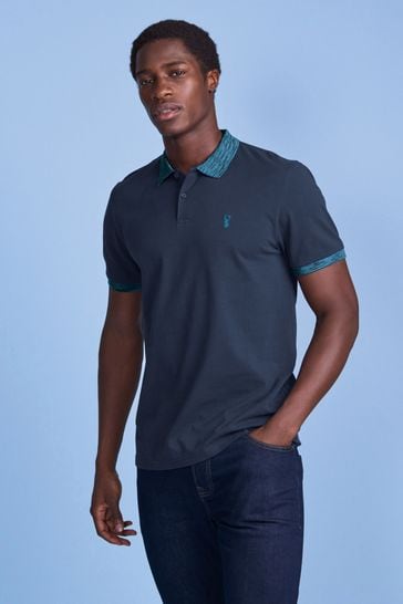 Navy Blue Space Dye Collar Tipped Regular Fit Pique Polo Shirt