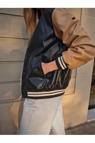Faux Leather Varsity Bomber Jacket - Brown