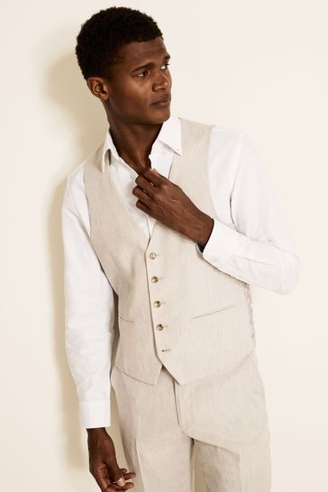Moss Bros Slim Fit Beige Linen Suit Waistcoat