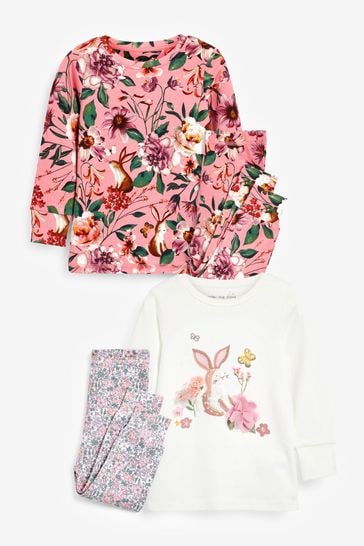 Cream/Pink Bunny Floral Snuggle Pyjamas 2 Pack (9mths-12yrs)