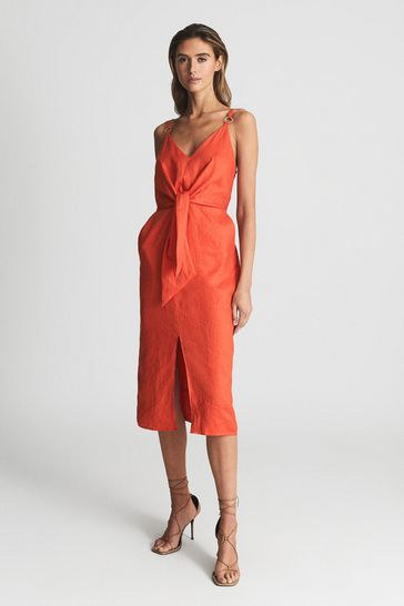 Reiss Orange Kay Tie Detail Linen Midi Dress