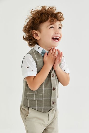 Neutral Check Waistcoat, Shirt and Bow Tie Set (3mths-7yrs)