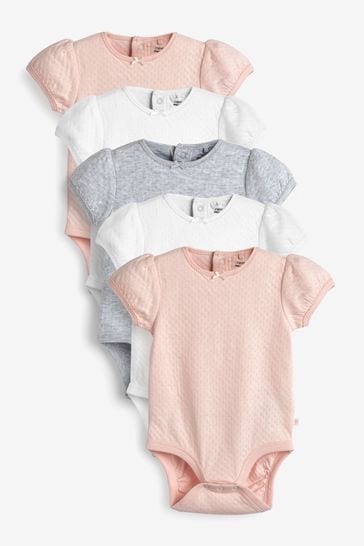 Pink/Cream Pointelle 5 Pack Short Sleeve Baby Bodysuits