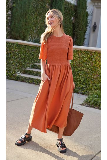 Rust Brown Shirred Jersey Midi Summer Dress