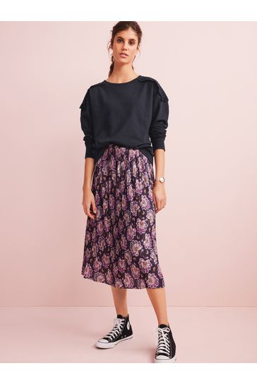 Navy floral cheap pleated skirt