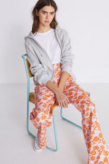 Orange/Pink Retro Floral Pocket Front Wide Leg Jeans